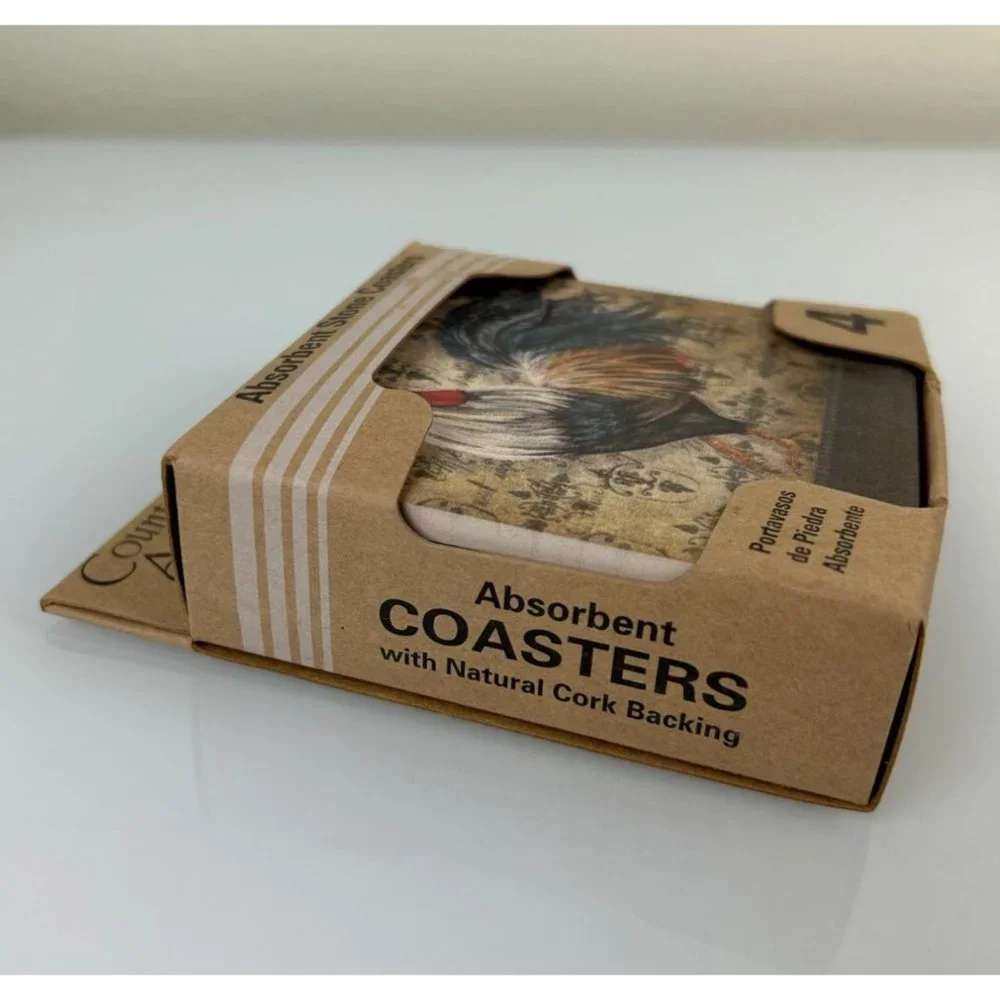 NEW Counter Art Rooster Stone Coasters, Absorbent Cork Backed Farmhouse Gift
